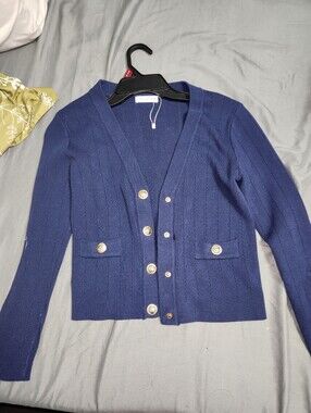 Chuduomi Navy Knit V-Neck Cardigan Gold Buttons - Read Description